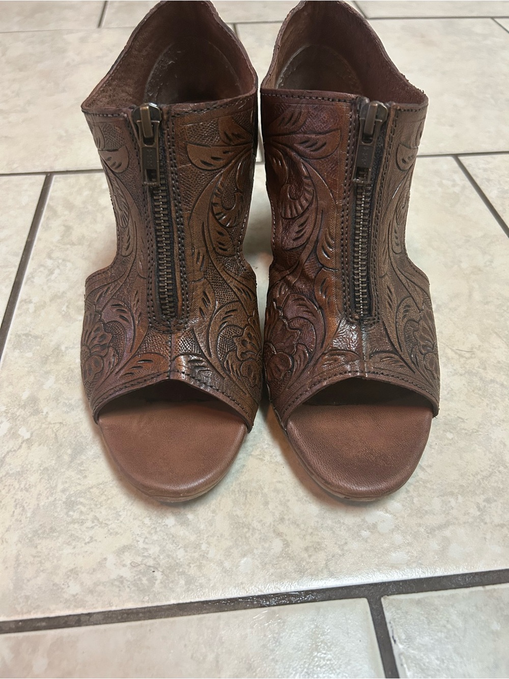 Brown Embossed Leather Accent Booties - Brown